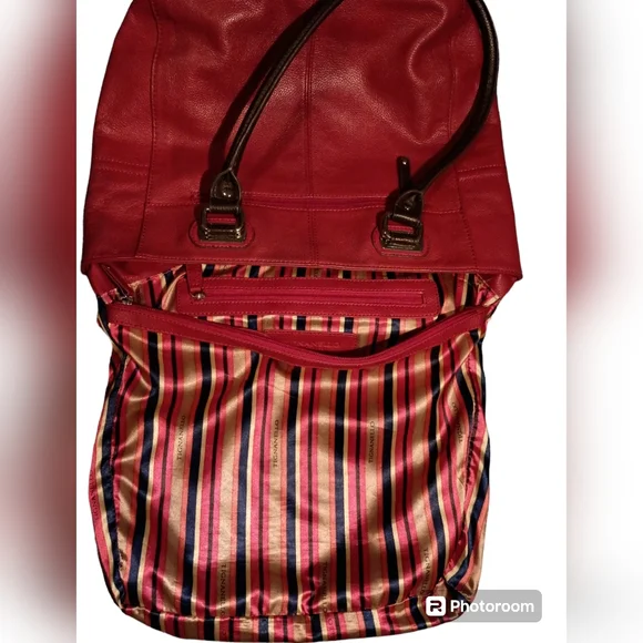 Tignanello Purse Red/Brown Leather Shoulder/hand bag Satchel attached log tag - Picture 11 of 12